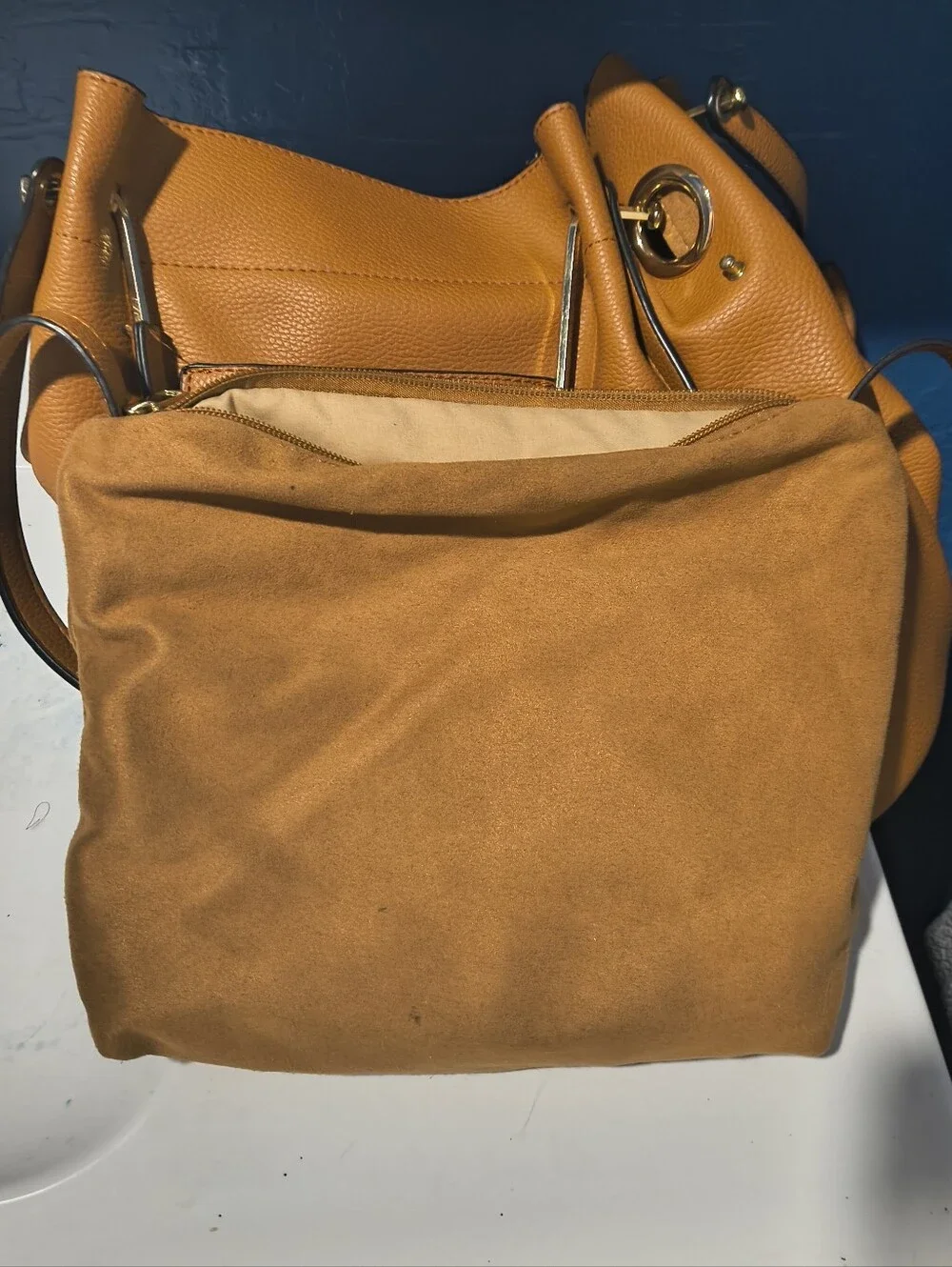 Sondra Roberts Squared Hobo Bag Camel Pebbled Tote with Insert & Dust Bag